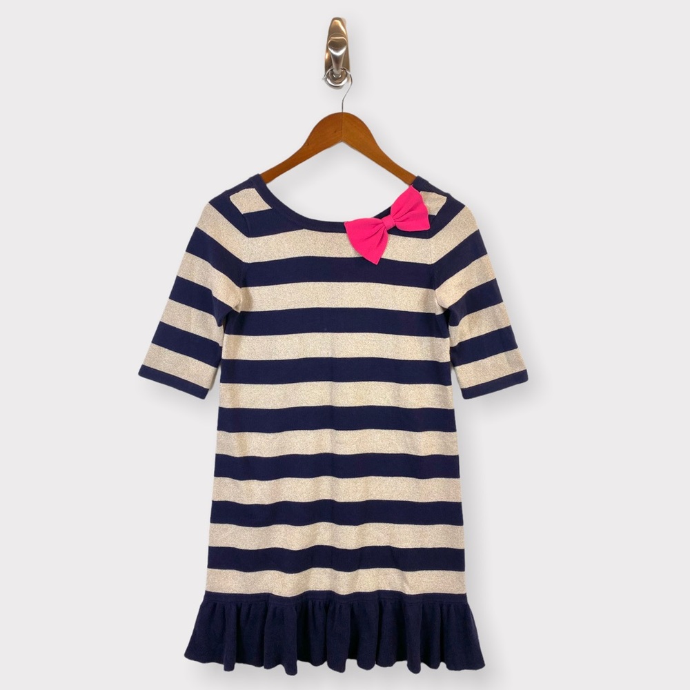 Lilly Pulitzer Girls Nautical ADELE Sweaterj Dress Navy Gold Shimmer Cotton Bow
